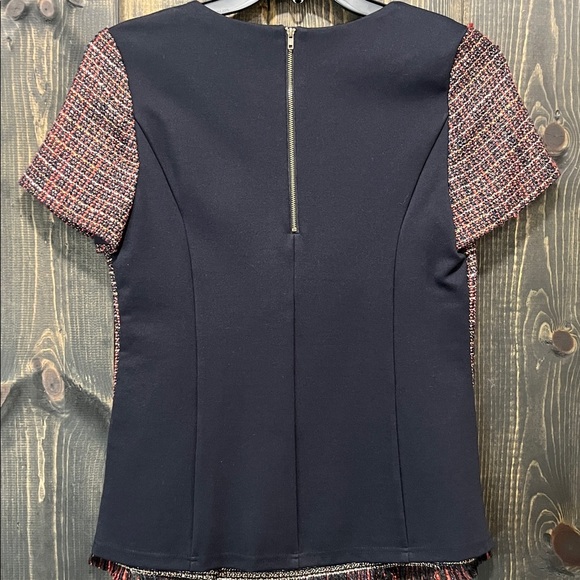 41 Tweed Fringe Blouse M Red Black Shimmer Gold Top Zipper Stretch Office Boho - Picture 7 of 12